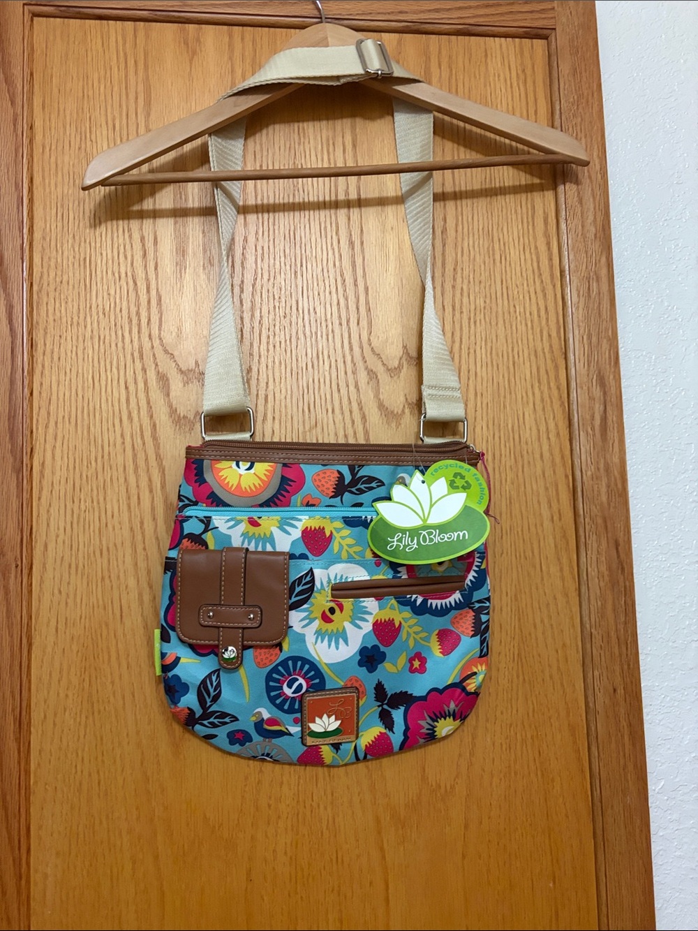 Lily Bloom Teal Floral Crossbody with Brown Trim